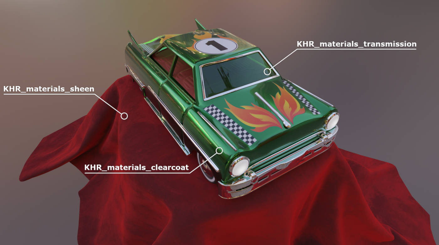 Toy car model illustrating the use of glTF’s three new PBR extensions