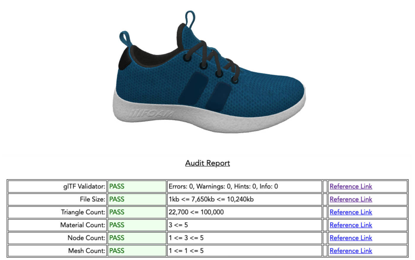 picture showing a 3d model blue running shoe with a table beneath showing an audit report of the glTF validator passing