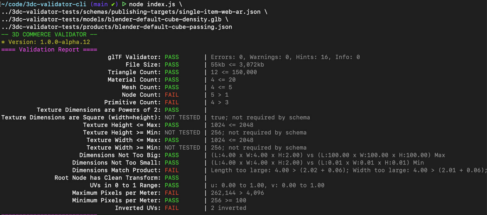 Output in terminal of the 3dc-validator cli