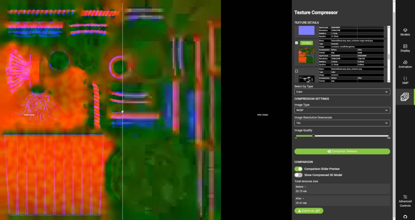 texture comparison live comparison view. Looks a bit like a heat map of a texture map with a slider to see before and after