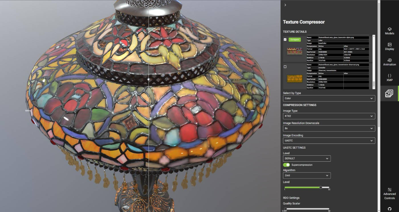 Texture compressor side-by-side comparison using Tiffany Lamp artwork