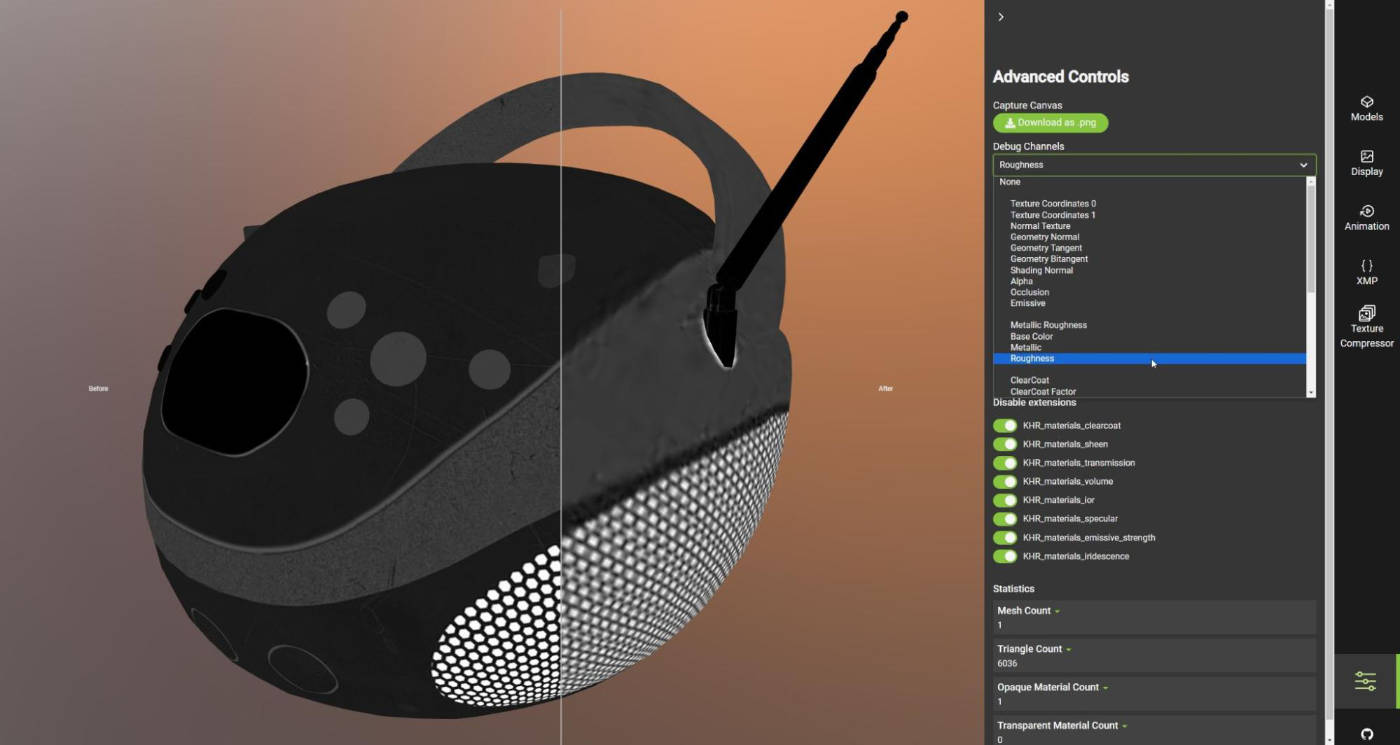 Texture compressor advanced controls side-by-side comparison using Radio Lamp artwork